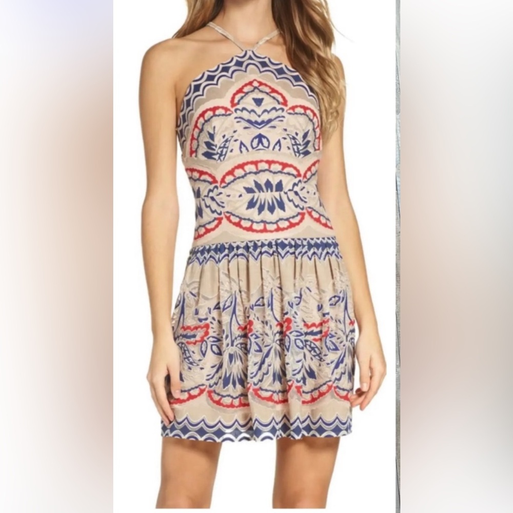BCBGMaxAzria Fleur halter Fit & Flare mesh‎ Lace tan blue red mini dress Sz 6